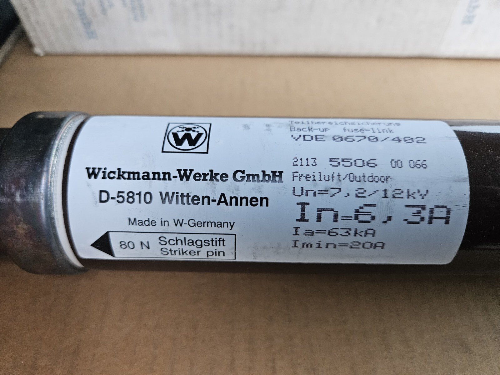 WICKMANN 6,3A HH-TEILBEREICHSICHERUNGEN NACH VDE 0670/402, 2113550600066, Neu
