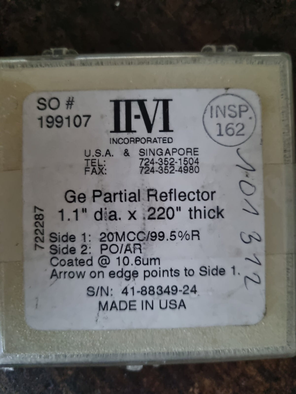 II-VI Infrared GE Laser Partial Reflector 1.1" Dia x 0.220" Thick 20MCC/99.5%