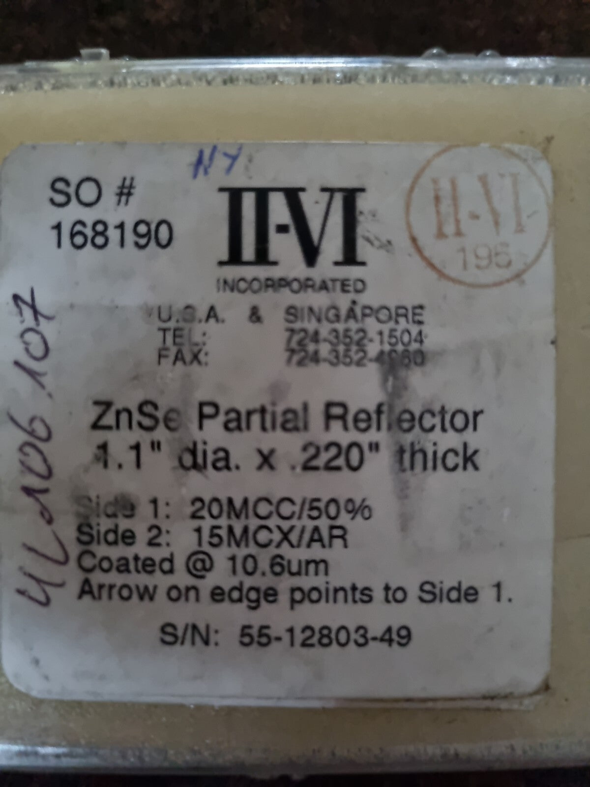 II-VI Infrared ZnSe Laser Partial Reflector 1.1" Dia x 0.220" Thick 20MCC/50%
