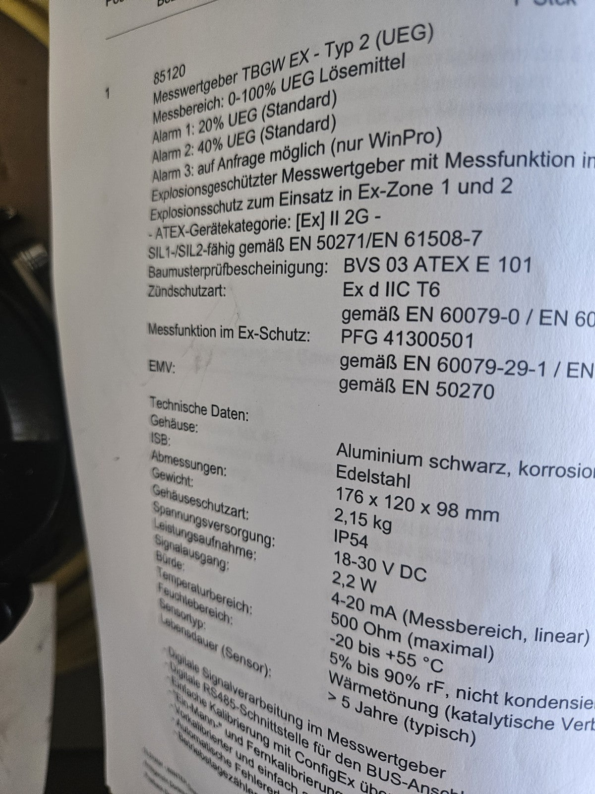 OLDHAM WINTER TBWG-EX Typ 2, ATEX E 101EN 60079-29-1, Sensor, neu/ovp New Unused