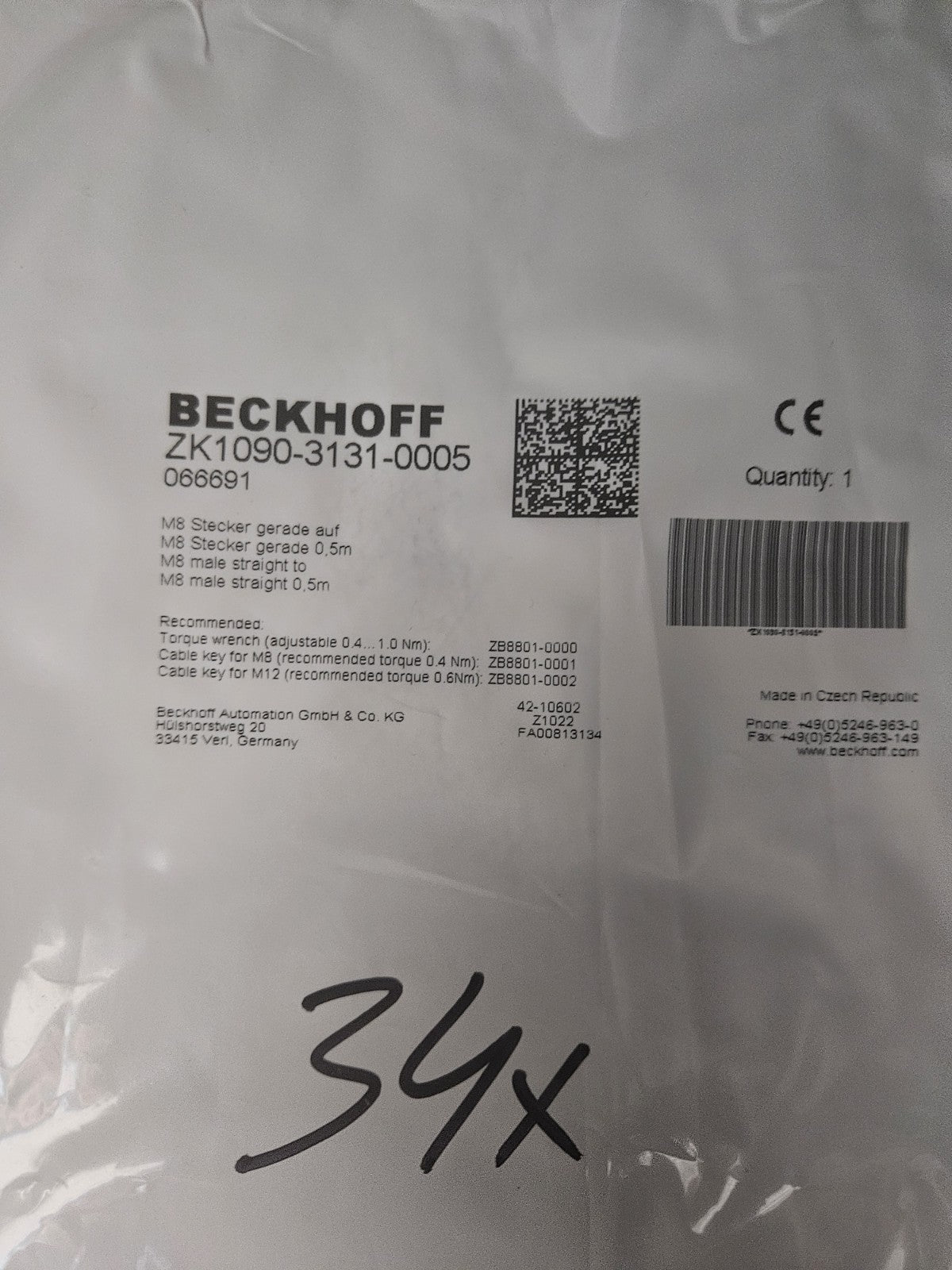 Beckhoff EtherCAT-Leitung PUR AWG 26 M8 Stecker, ZK1090-3131-0005, 066691 NEU