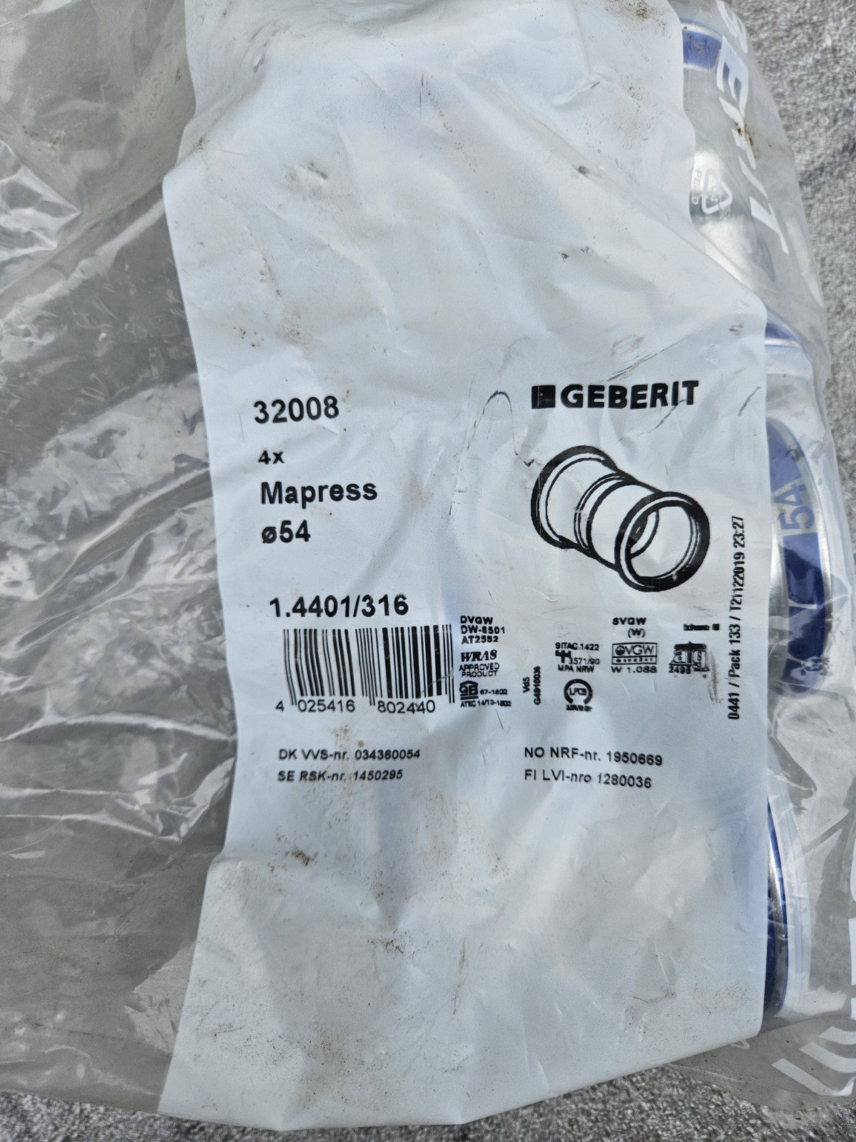 Pressfitting Geberit Muffe Edelstahl 54mm Mapress 32008 New Neu Unused INOX