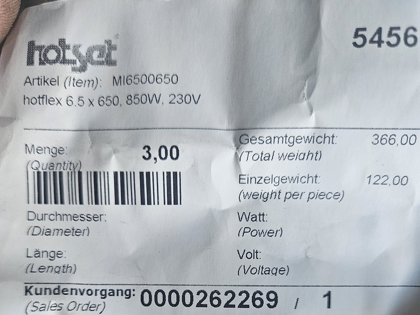 HOTFLEX MILB06010D, 8.5 X 650 1400W/230V, 10051400, Rohrheizkörper - NEU/OVP New