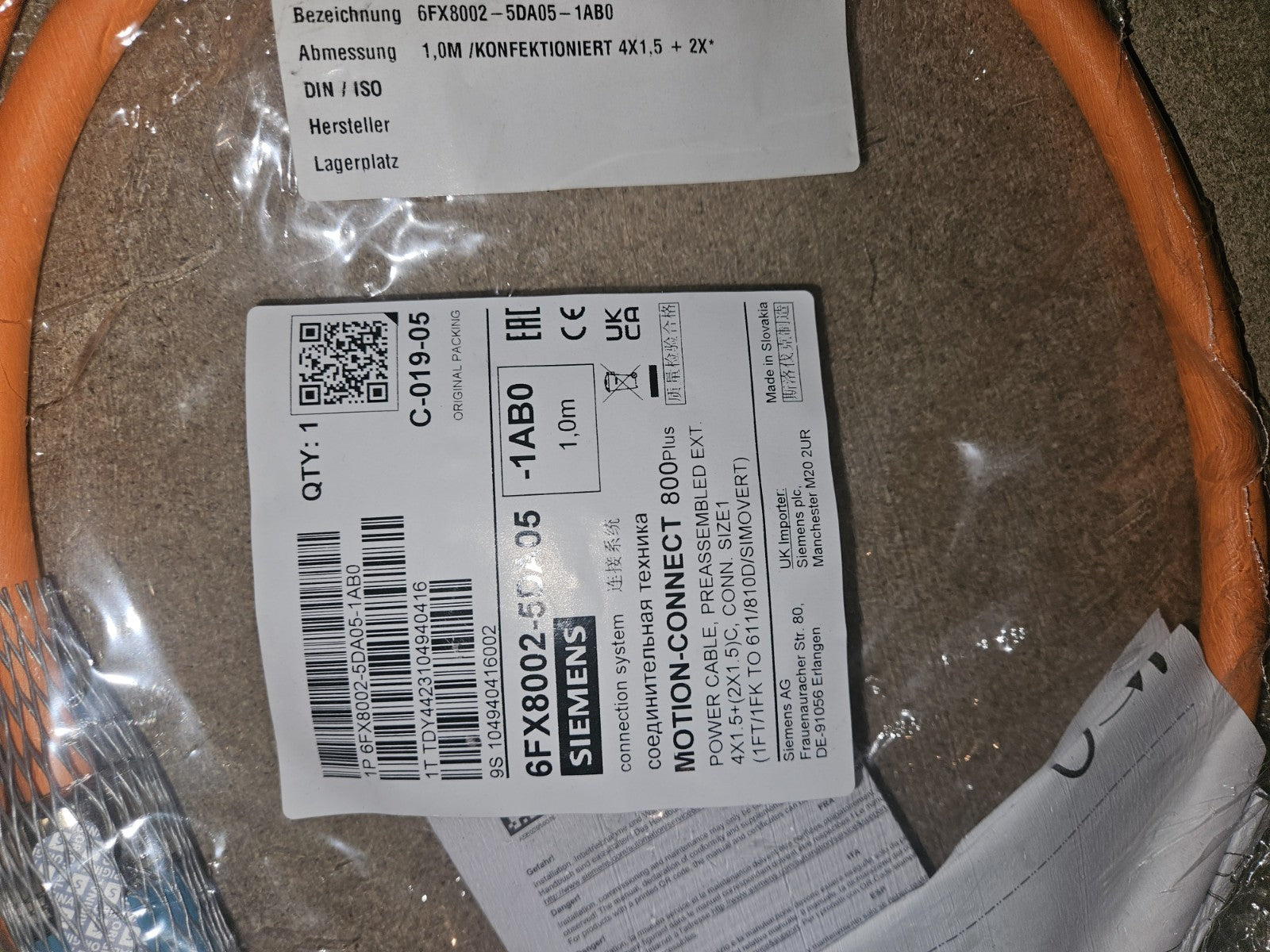 Siemens  6FX8002-5DA05-1AB Leistungskabel, Motorcable, 1m length, New Neu/ovp