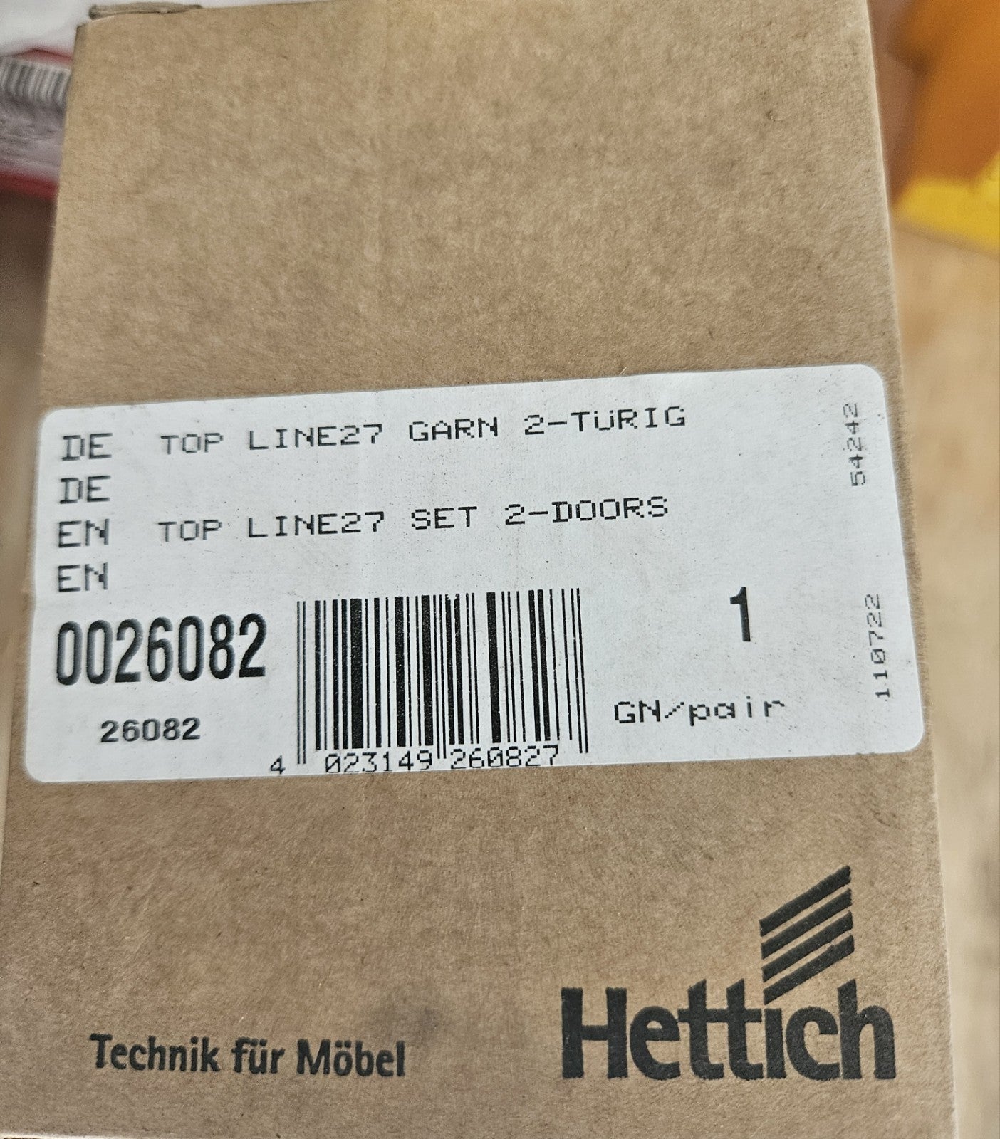 HETTICH Schiebetürbeschlag Top Line 27 Set f.2-türigen Schrank, 0026082 Neu/ovp