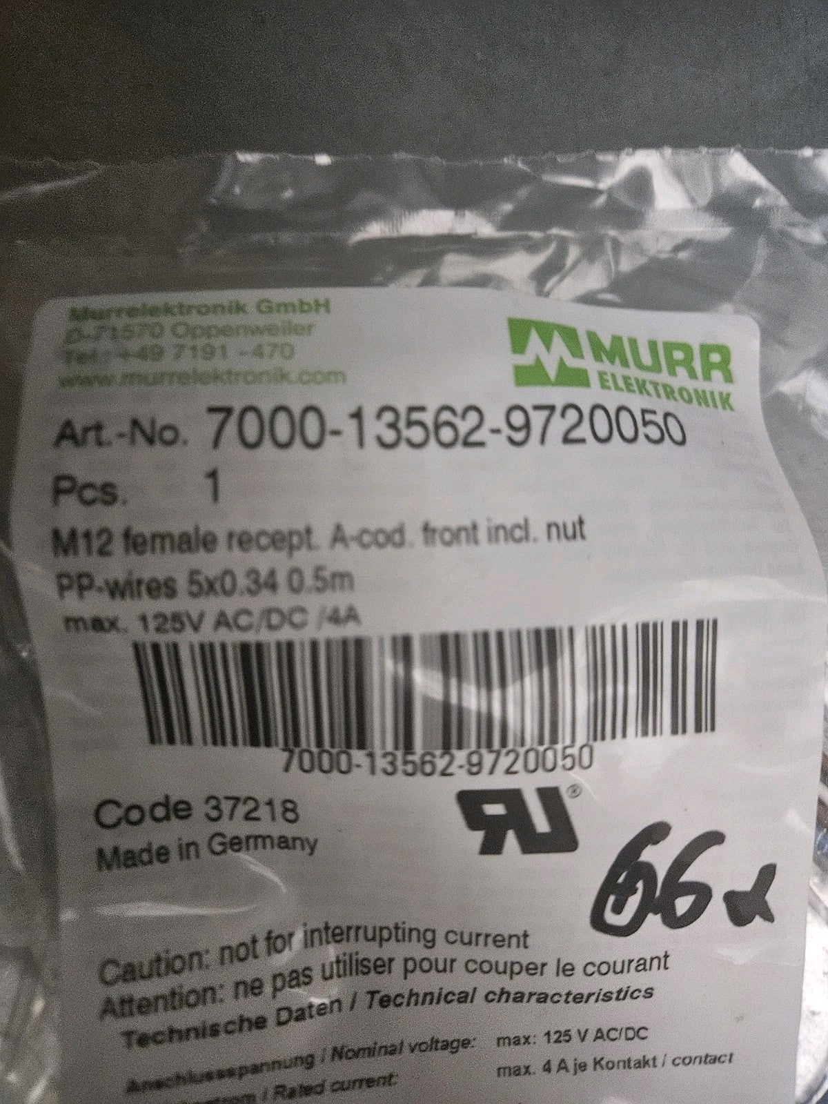 MURR Elektronik 7000-13562-9720050 M12 female recept. A-cod. front incl. nut NEW