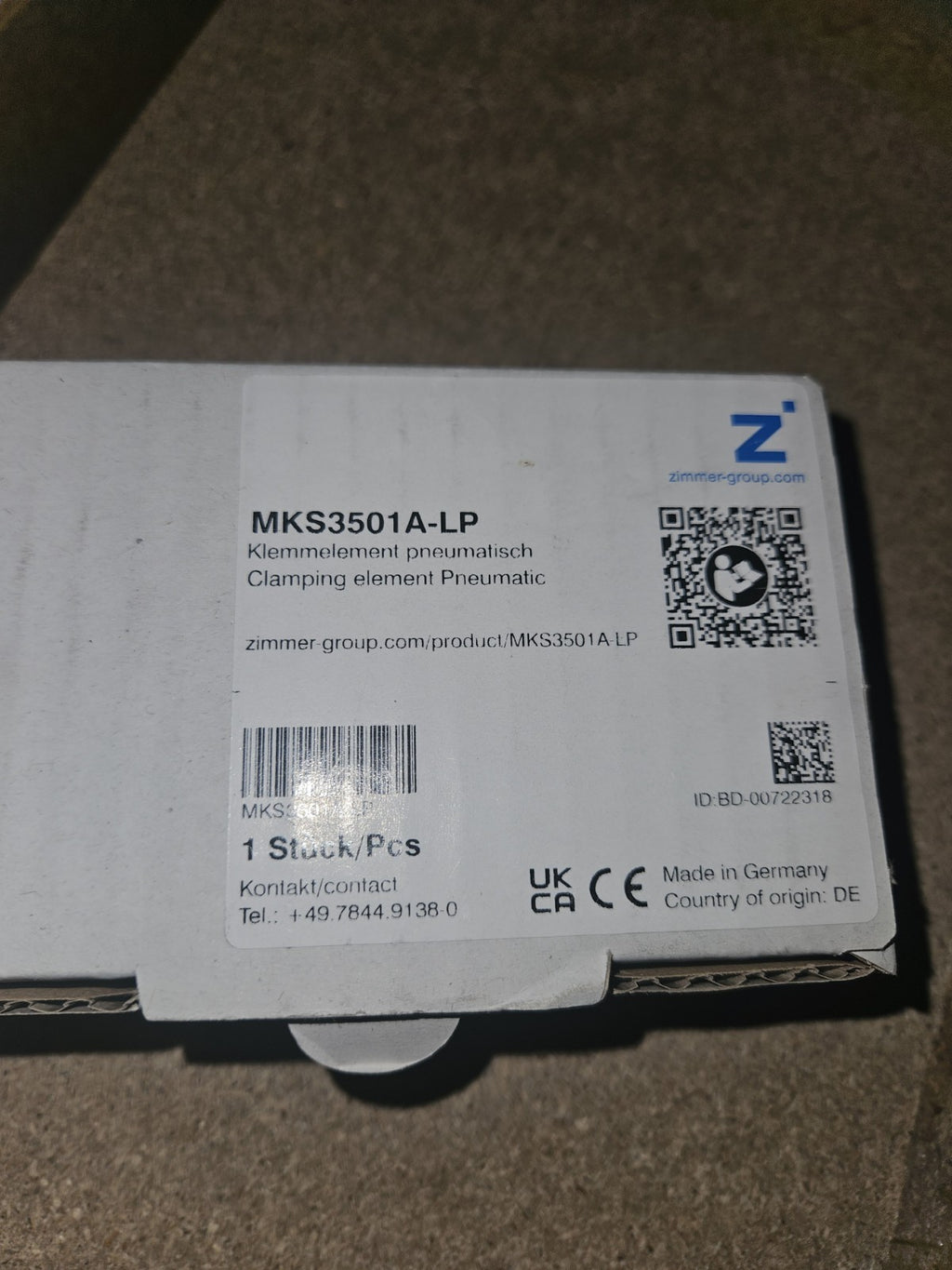 ZIMMER MKS3501A-15LP Pneumatic Clamp DG157AC, NEU/OVP, new in Box, Unused