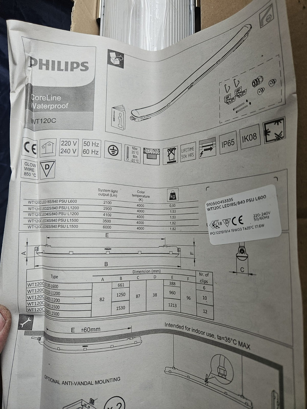 Philips CoreLine Waterproof WT120C LED18S/840 PSU L600, 4000K, Neu/ovp, New