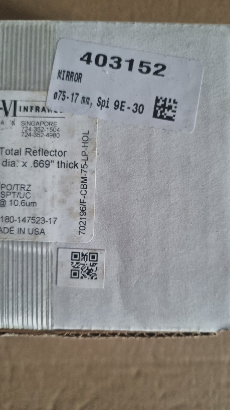 II-VI Infrared Cu Total Reflector, 2.953"dia x 669"thick Ermakson Hypertherm NEW
