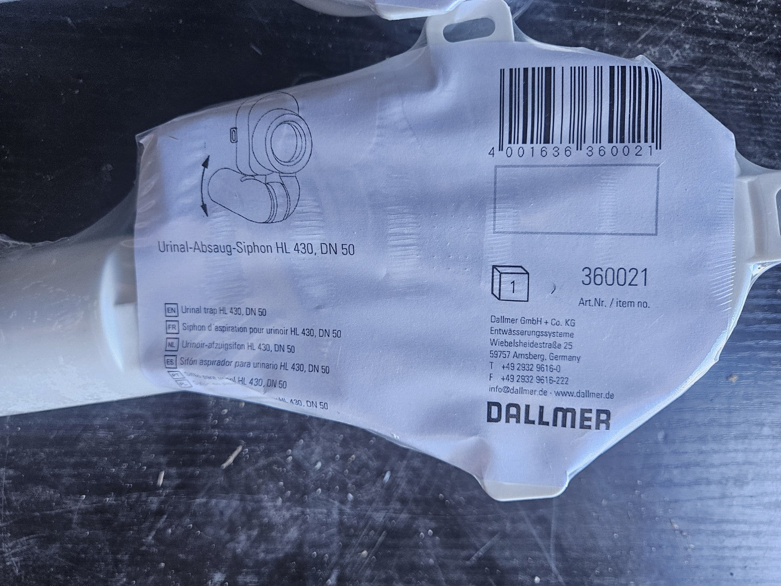 1 x DALLMER Urinal-Absaugsiphon HL 430 360021 DN 50, Abgang Neu New Unused