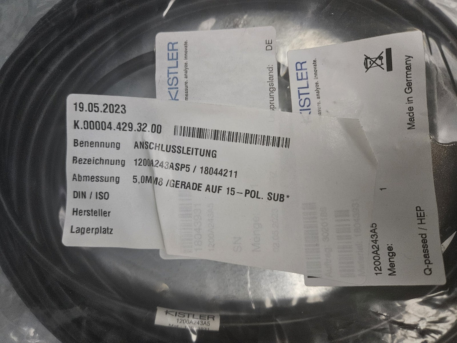 KISTLER 1200A243A5 CONNECTING CABLE 18043931, New Sealed Neu/ovp
