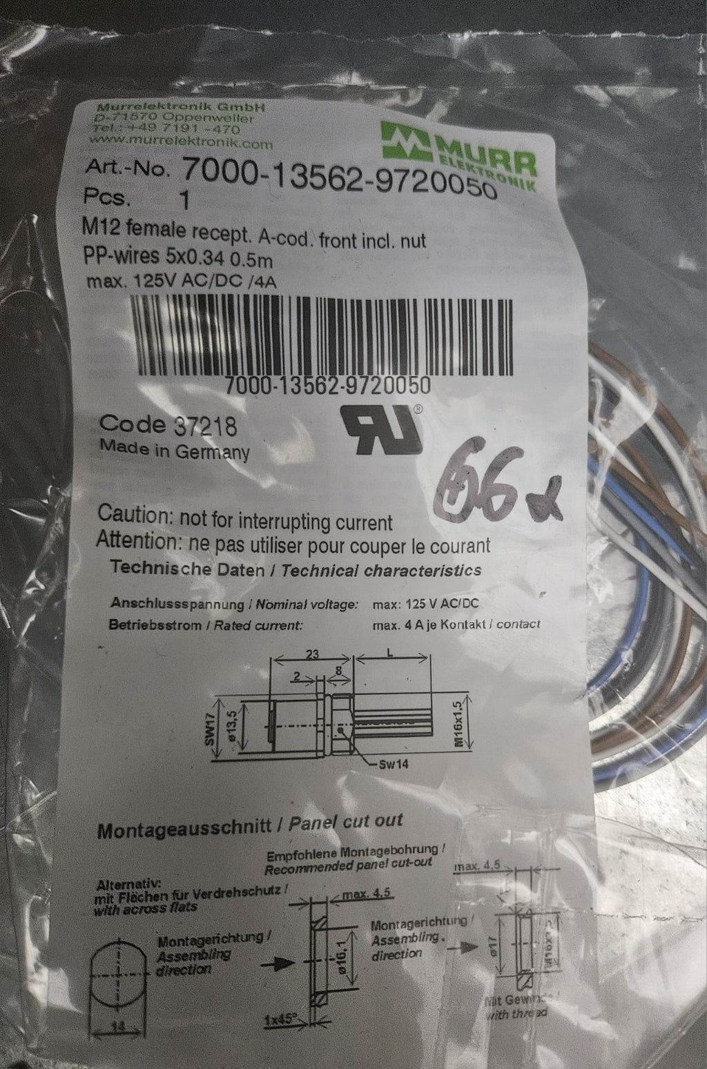 MURR Elektronik 7000-13562-9720050 M12 female recept. A-cod. front incl. nut NEW