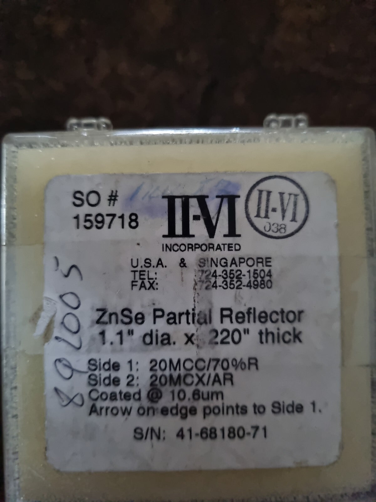 II-VI Infrared ZnSe Laser Partial Reflector 1.1" Dia x 0.220" Thick 20MCC/70%