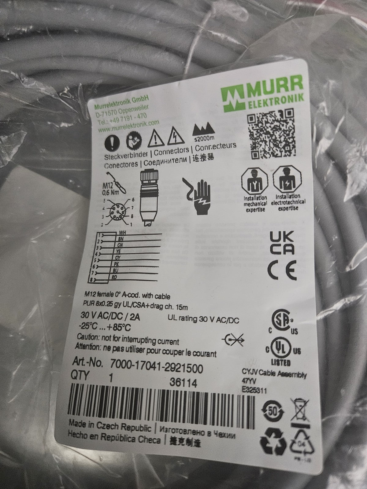 15m Murr Elektronik 7000-17041-2921500 MSBL0 M12 Buchse 0° A-CSD New/sealed Neu