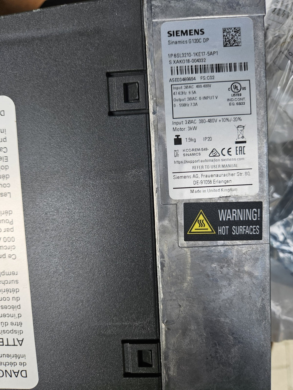 6SL3210-1KE17-5AP1  SIEMENS  SINAMICS G120C Inverter 3kW  Used + Tested, Working