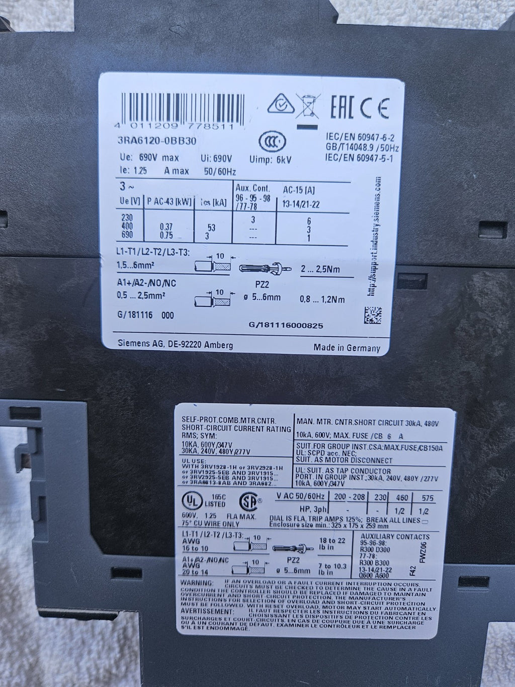 Siemens Sirius 3RA6120-0BB30 Kompaktstarter Direktstarter 6KV new unused no box