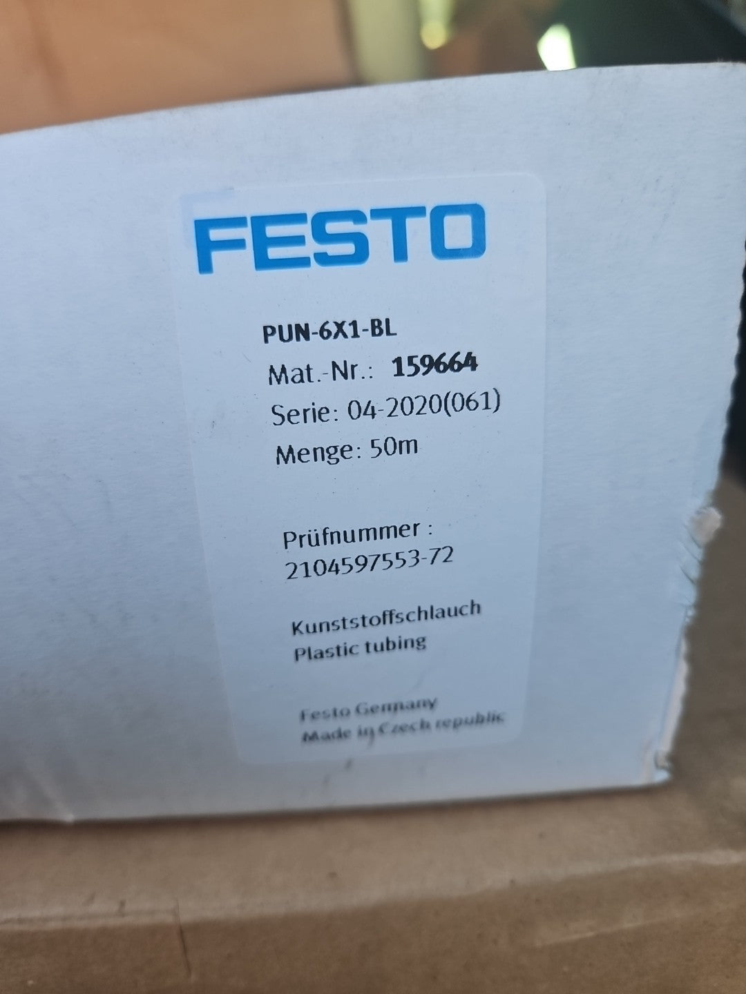 FESTO:  PUN-6X1-BL: 159664: BLUE PLASTIC AIR PIPE O/D 6mm-I/D 4mm, 10 BAR,50 Mtr