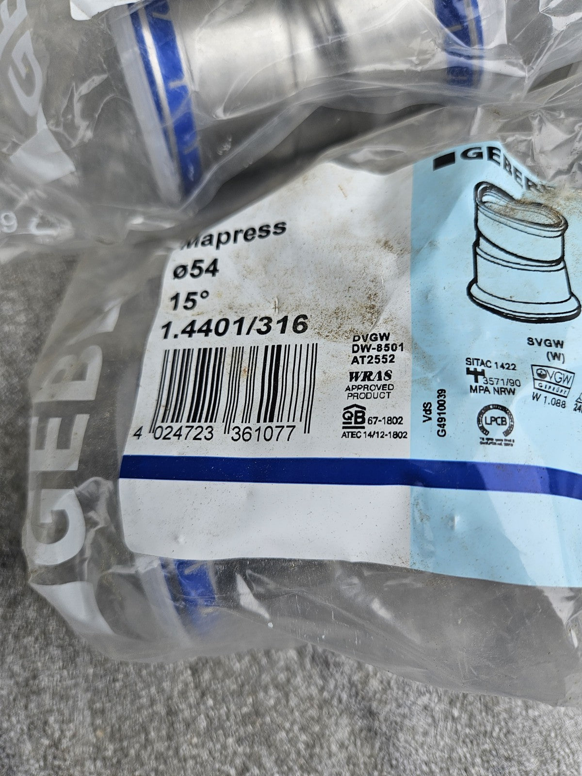 1 x Geberit Mapress Edelstahl 15 ° Bogen, DN 50 i/i, dø 54 mm,36107 Neu New Inox