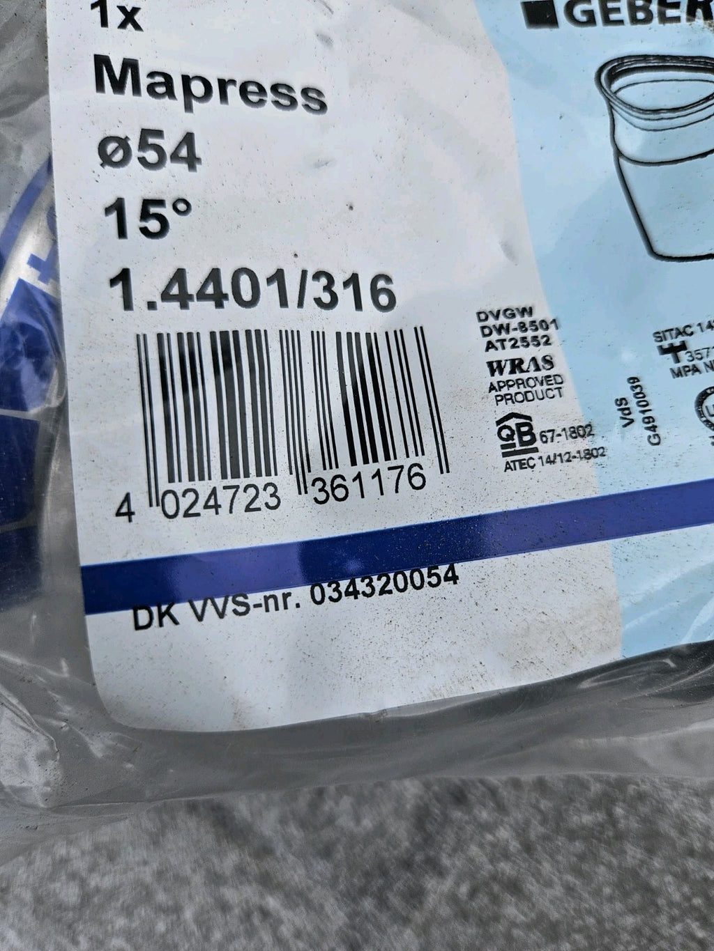 1 x MAPRESS Edelstahl Geberit 15° Inox  Edelstahl 36117,  54mm mit Einsteckende