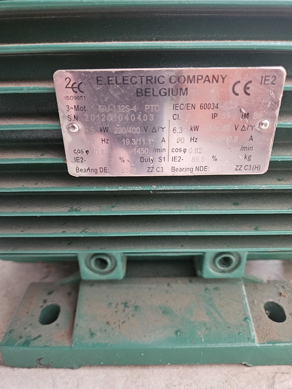 E.Electric Company 5.5/6.3kW Electric Motor 1450RPM 3~Mot GU-132S-4 PTC IE2 400V