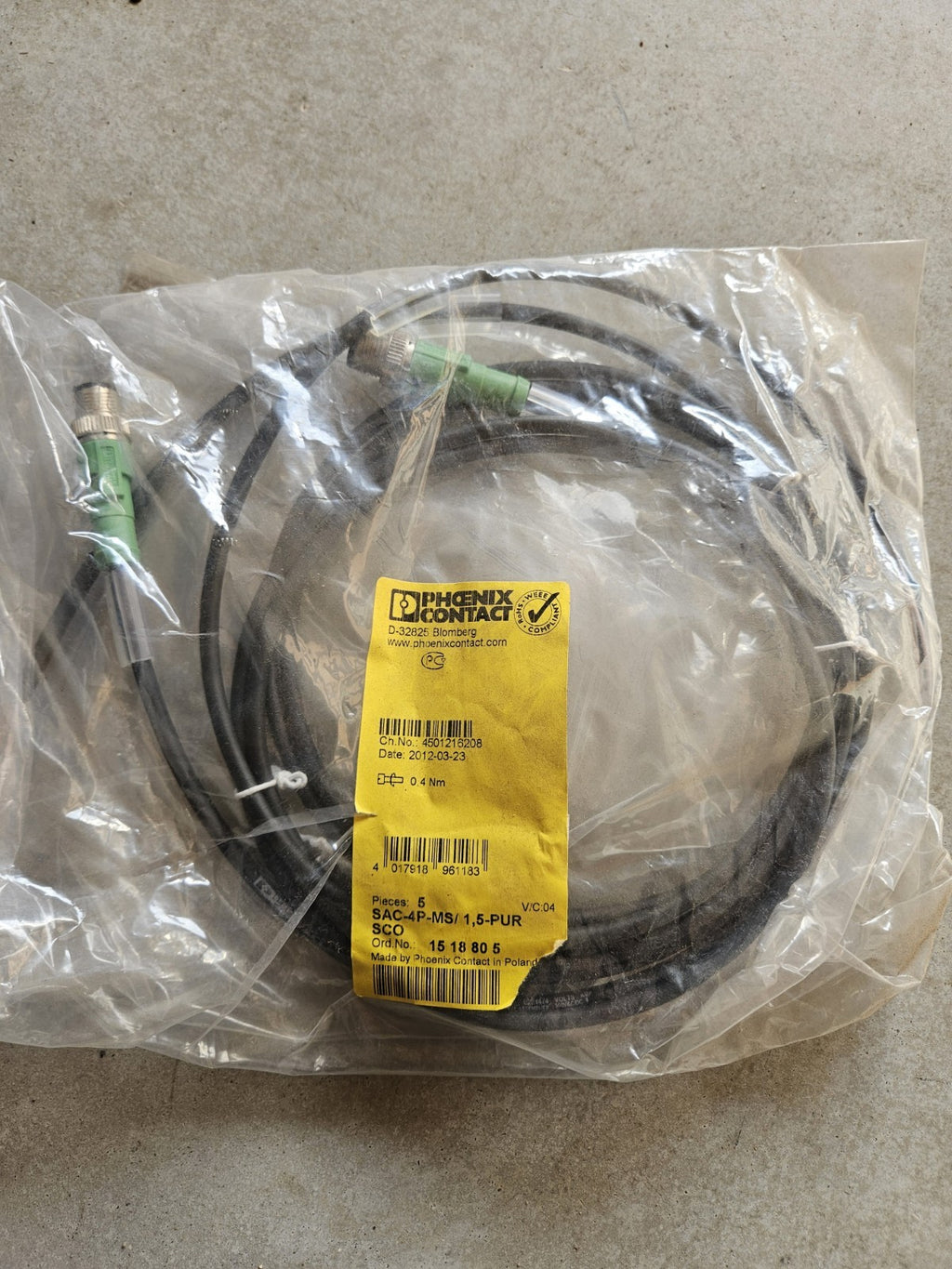 Phoenix Contact SAC-4P-MS 1.5-PUR SCO-1518805 1.5m M12 actuator cable, New Neu