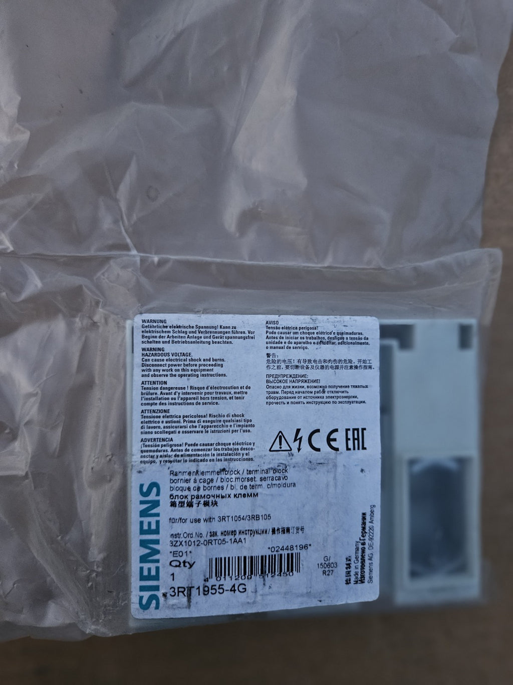 Siemens 3RT1955-4G Rahmenklemmenblock, FRAME TERMINAL BLOCK new Sealed, Neu/ovp