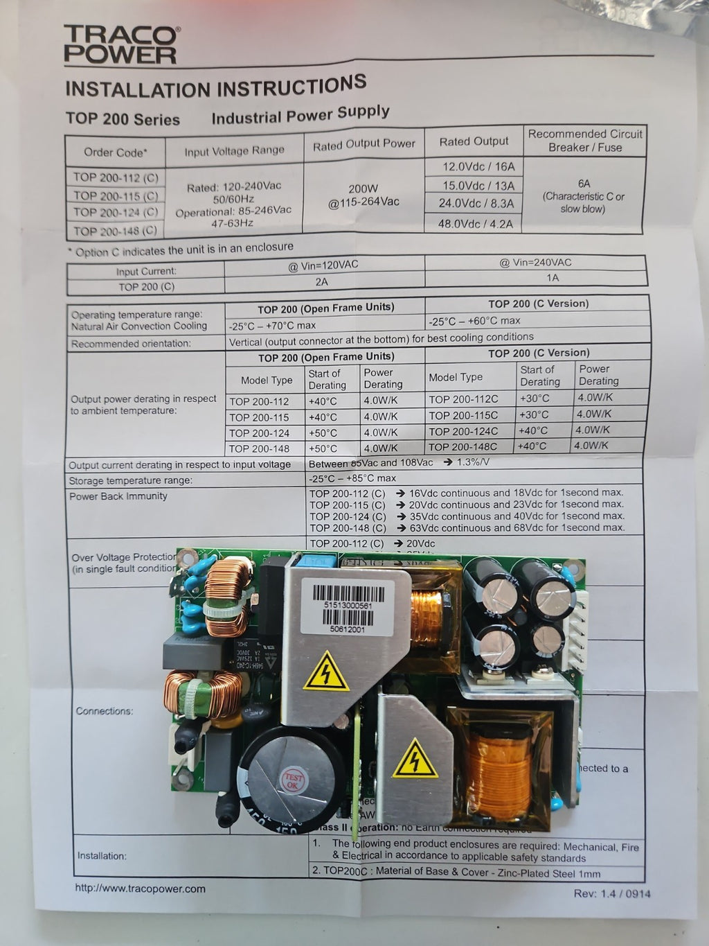 Traco Power TOP 200-124 | 200W Open Frame Power Supply | 24V 8.3A | RS 706-6448