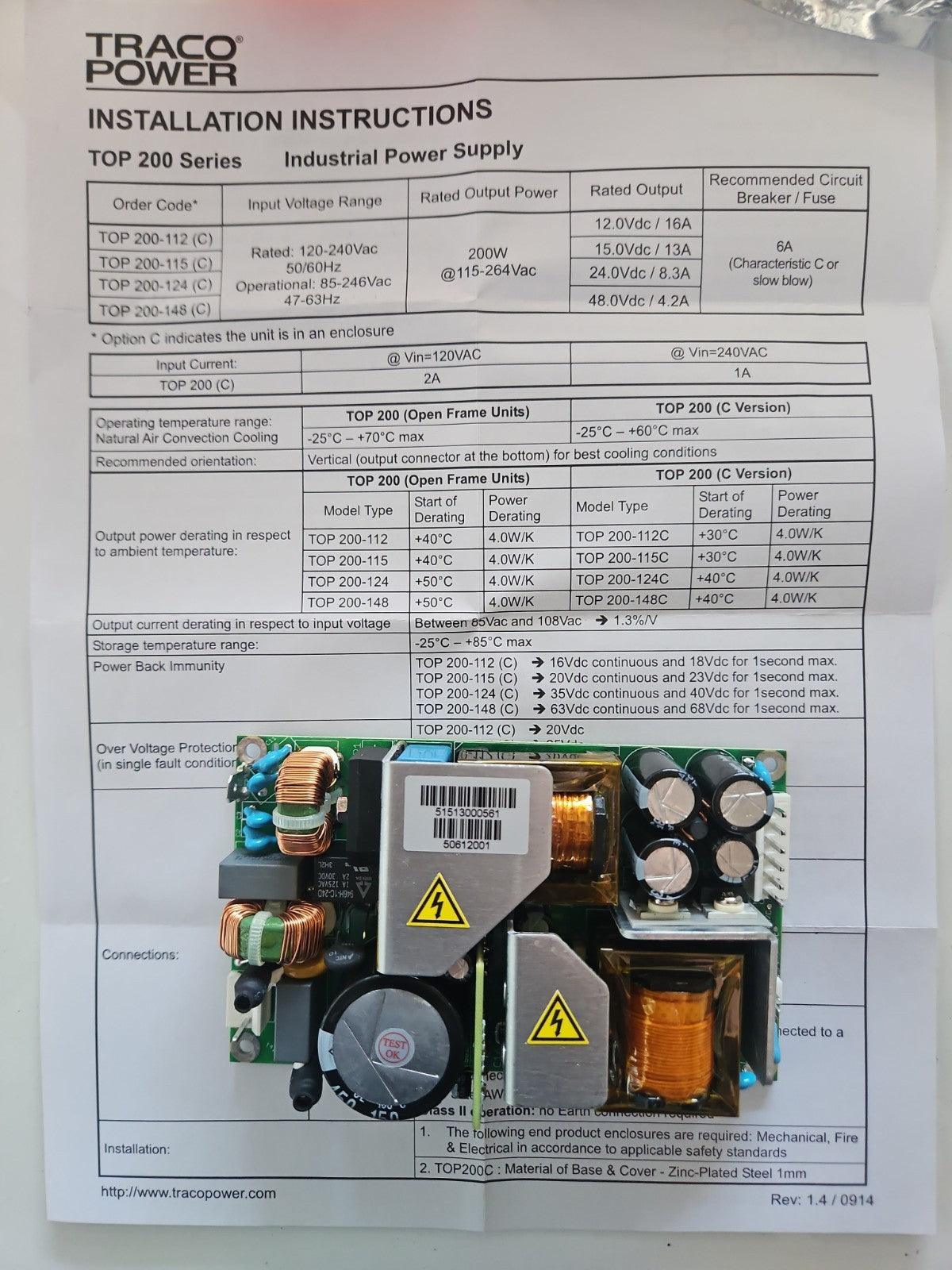 Traco Power TOP 200-124 | 200W Open Frame Power Supply | 24V 8.3A | RS 706-6448