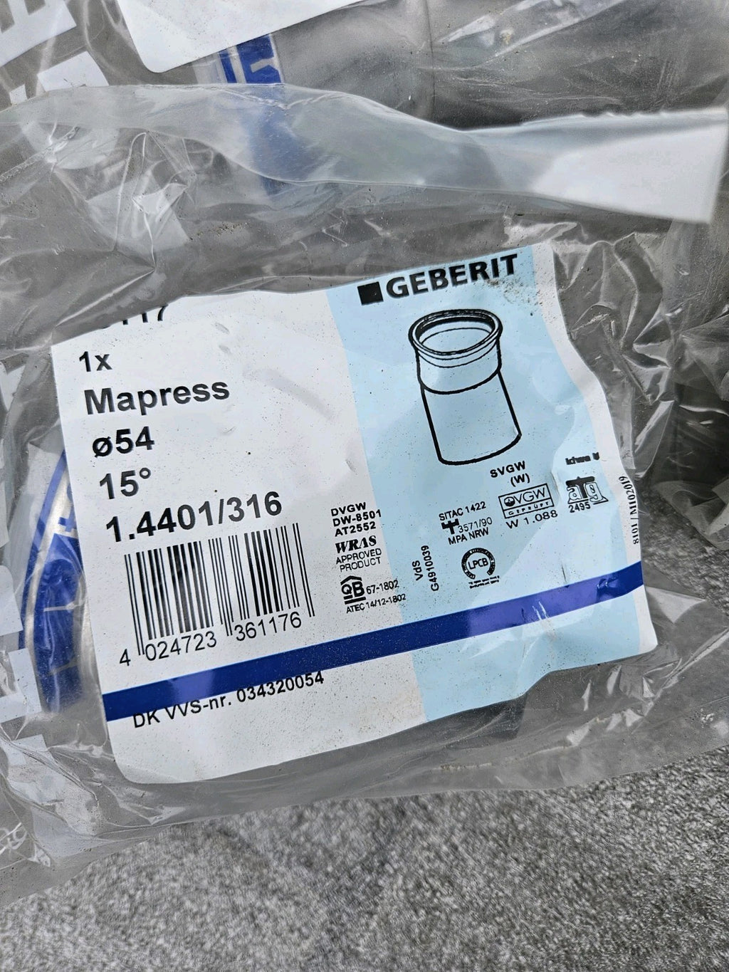 1 x MAPRESS Edelstahl Geberit 15° Inox  Edelstahl 36117,  54mm mit Einsteckende