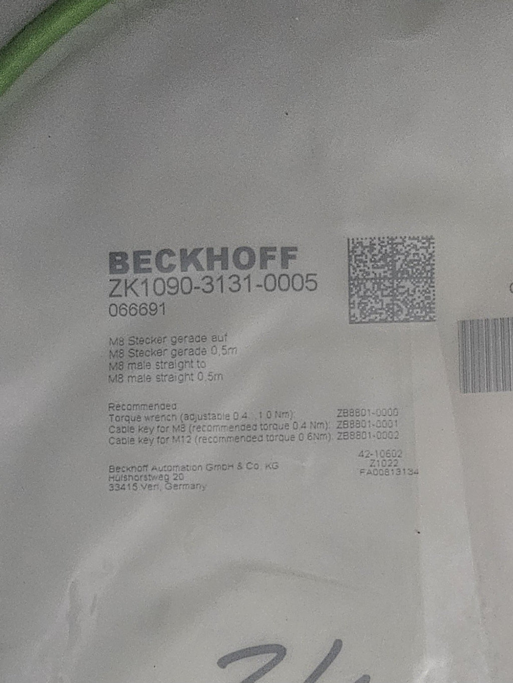 Beckhoff EtherCAT-Leitung PUR AWG 26 M8 Stecker, ZK1090-3131-0005, 066691 NEU