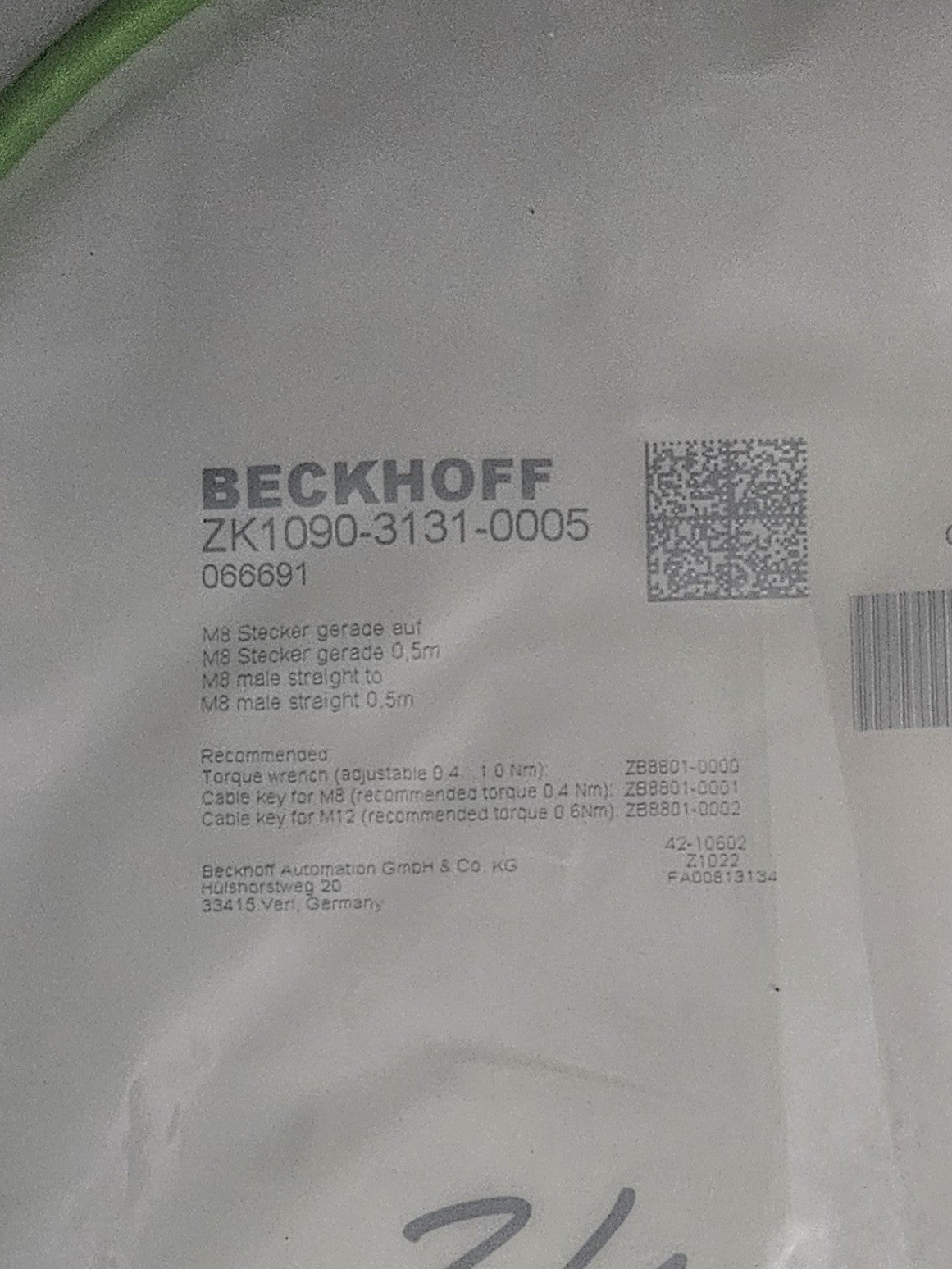 Beckhoff EtherCAT-Leitung PUR AWG 26 M8 Stecker, ZK1090-3131-0005, 066691 NEU