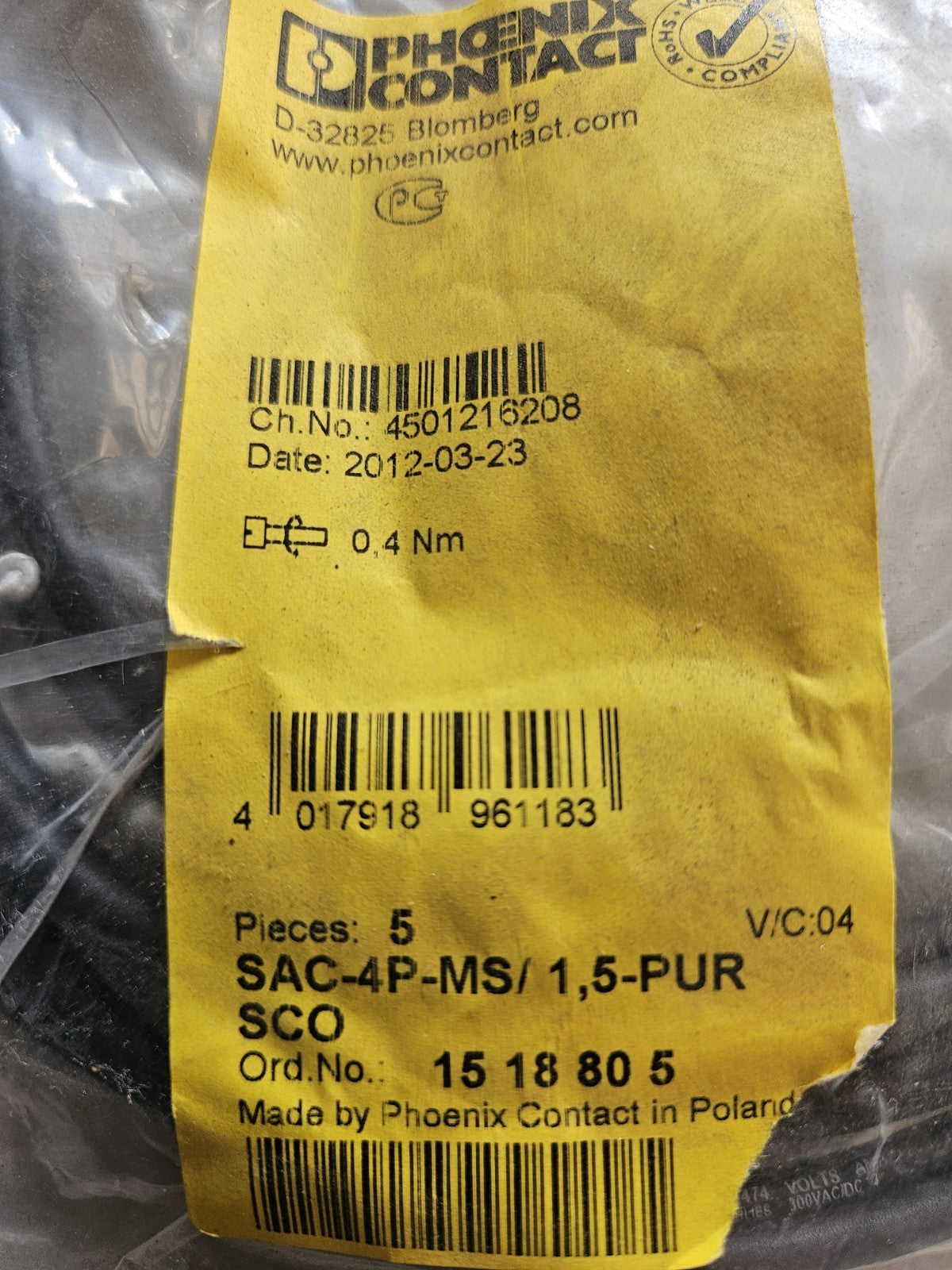 Phoenix Contact SAC-4P-MS 1.5-PUR SCO-1518805 1.5m M12 actuator cable, New Neu