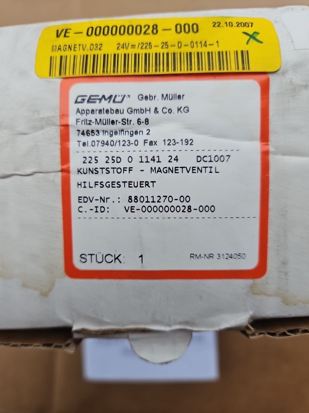 GEMÜ 225 25D 1141 24 Magnetventil Kunststoffventil Neu/ovp New Unused