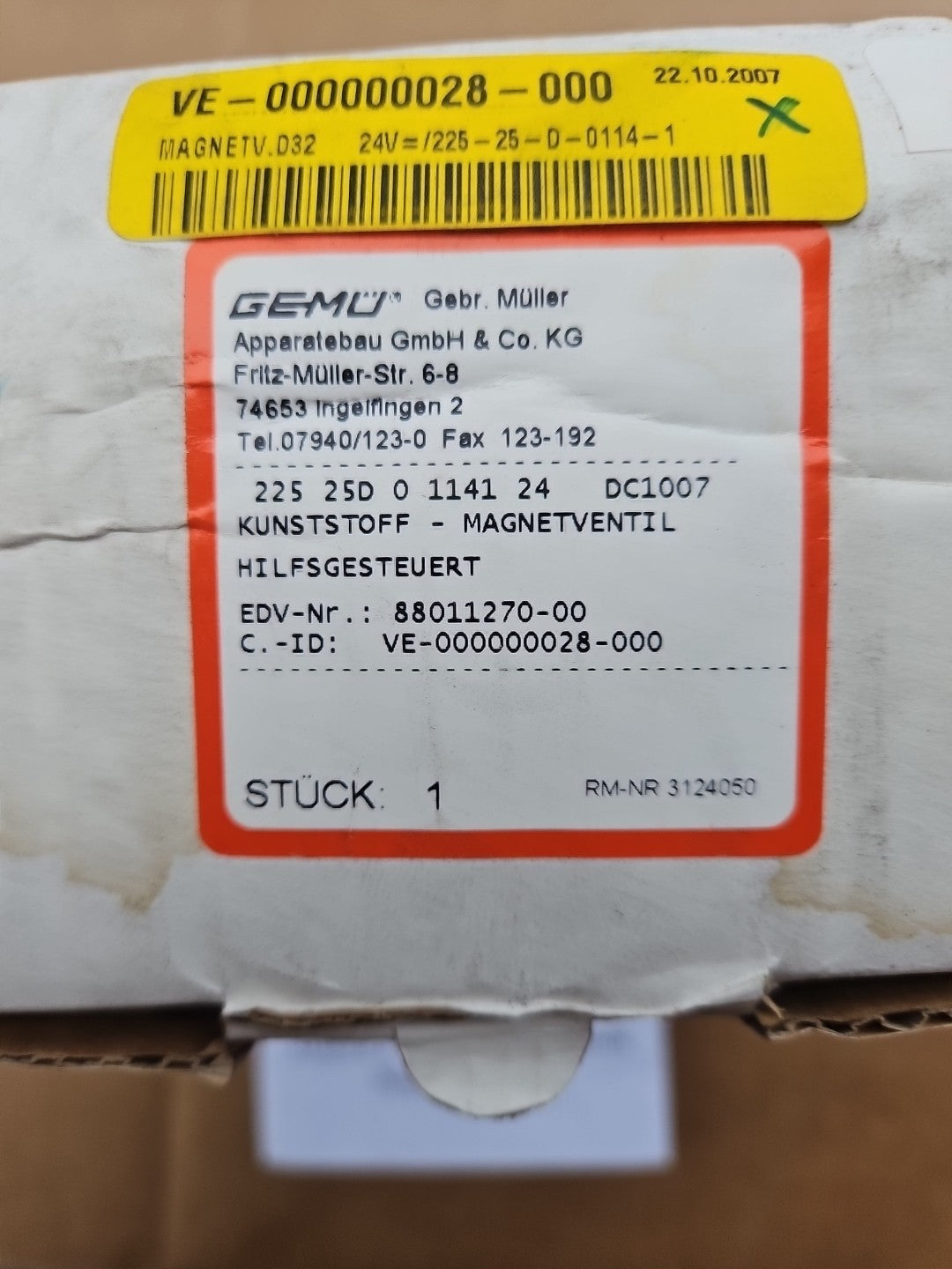 GEMÜ 225 25D 1141 24 Magnetventil Kunststoffventil Neu/ovp New Unused