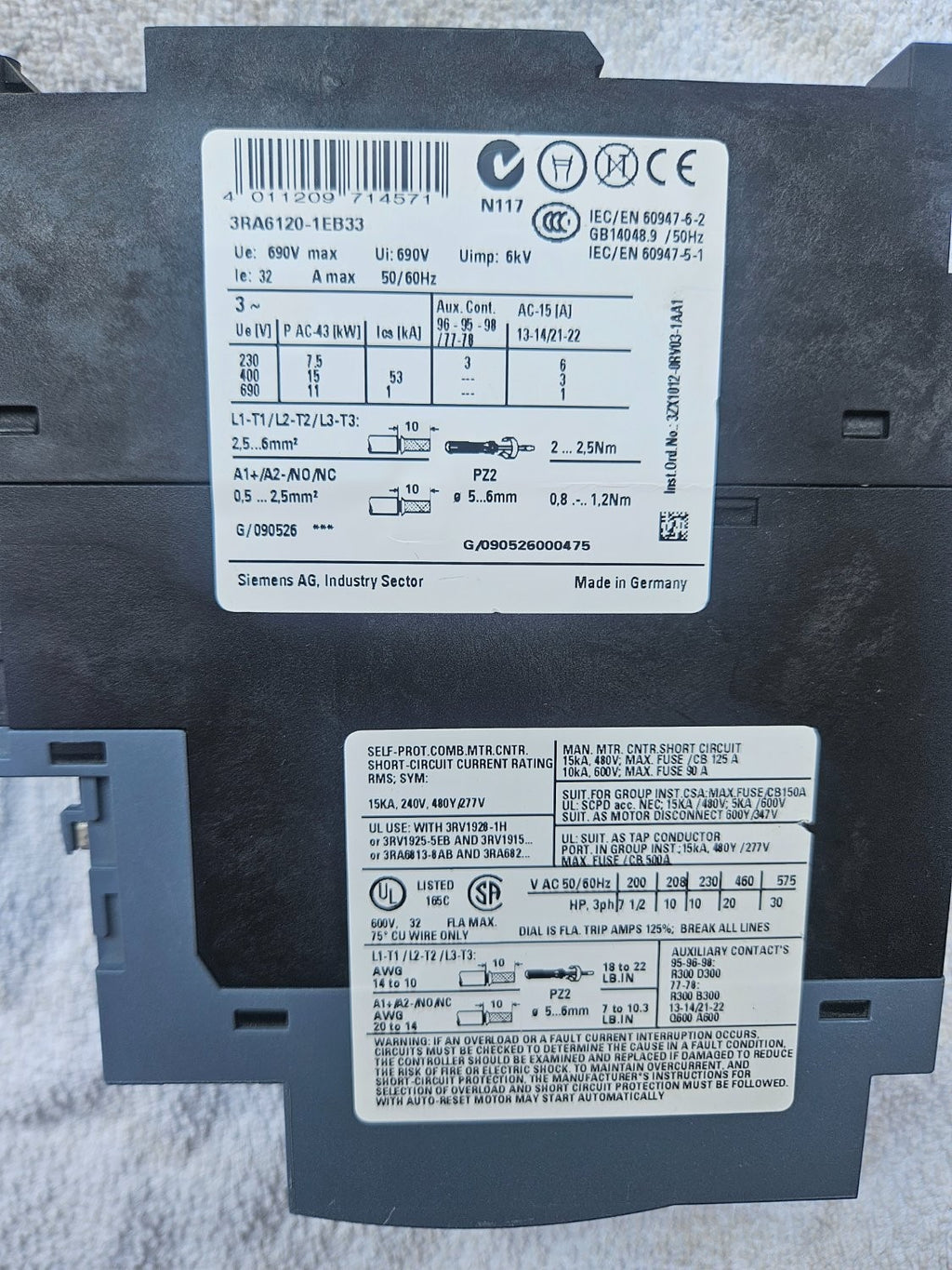 Siemens Sirius 3RA6120-1EB33 Kompaktstarter Direktstarter 32A new unused no box