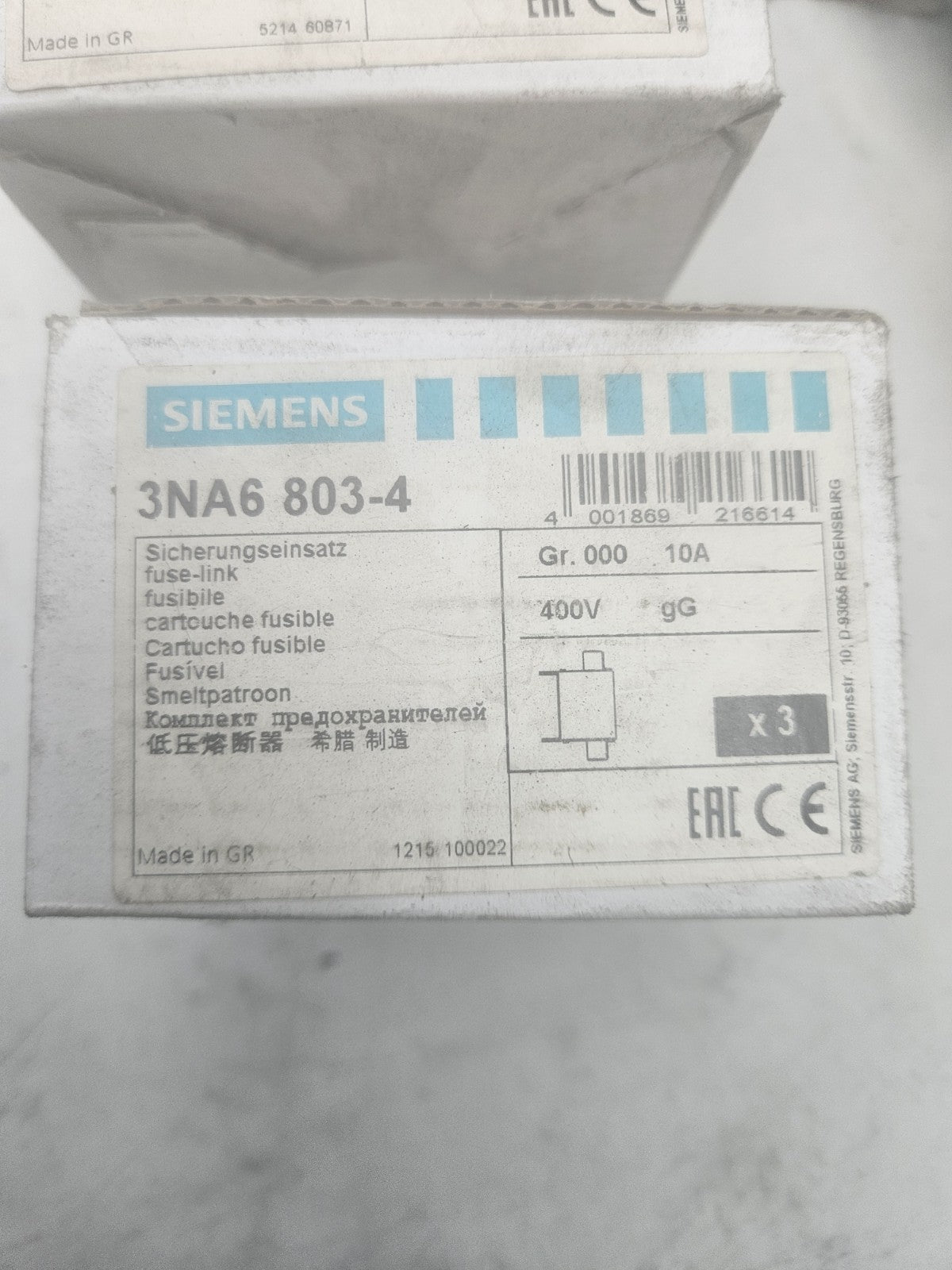 3 Stück Siemens 3NA3 803-4 Sicherungseinsätze Gr. 000 10A 400V, Neu/ovp New
