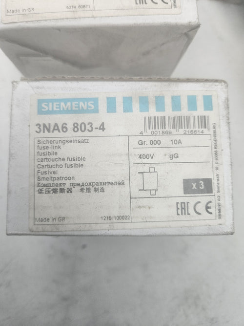 3 Stück Siemens 3NA3 803-4 Sicherungseinsätze Gr. 000 10A 400V, Neu/ovp New