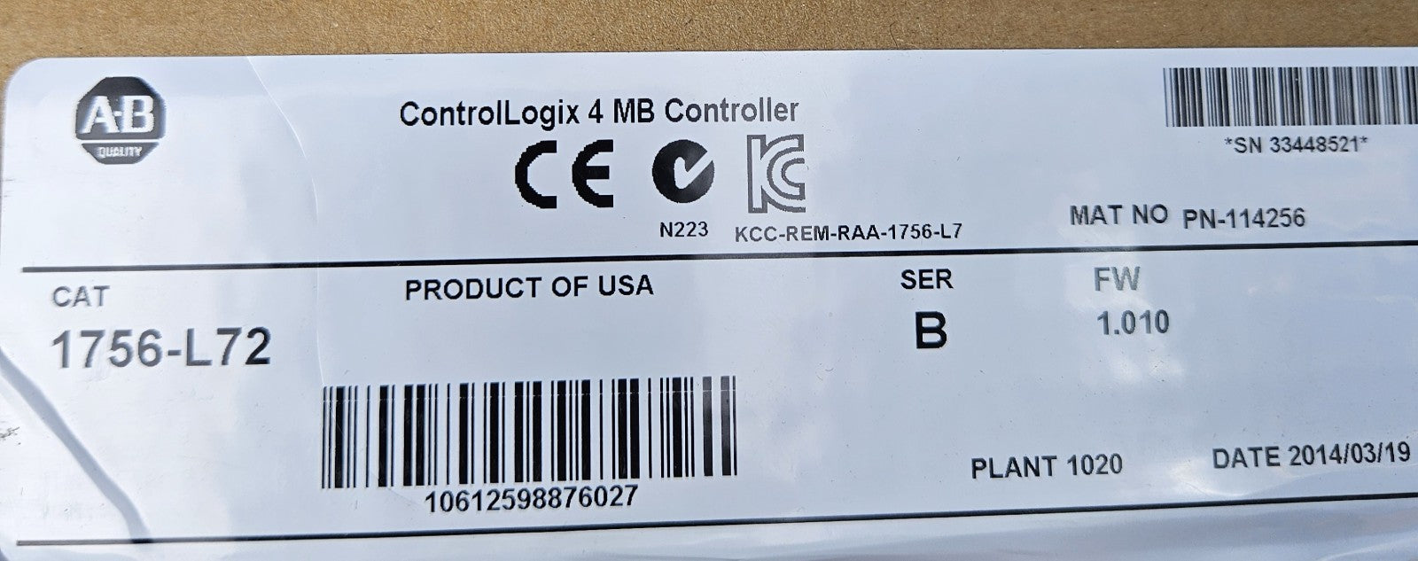 New Sealed Allen-Bradley 1756-L72 SER B ControlLogix 4MB Controller 1756L72 NEW