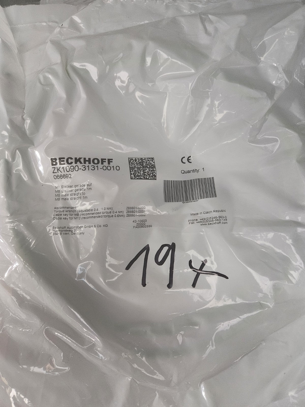 BECKHOFF ZK1090-3131-0010, 066692, PUR, AWG26, EtherCAT-Leitung, L=1m, NEW NEU 