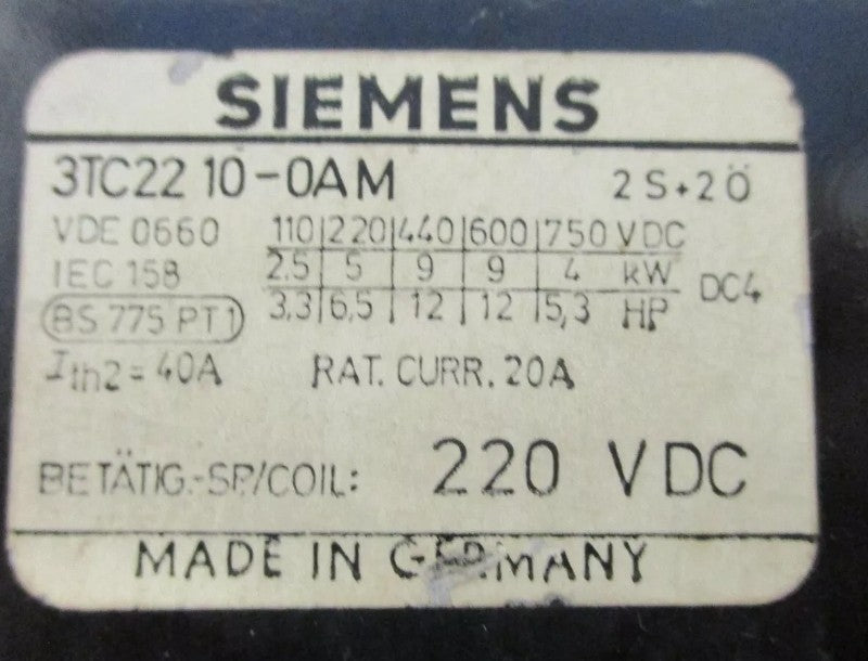 SIEMENS 3TC22 10-0AM CONTACTOR SCHUETZ new Old Stock, Unused, Neu, No Box