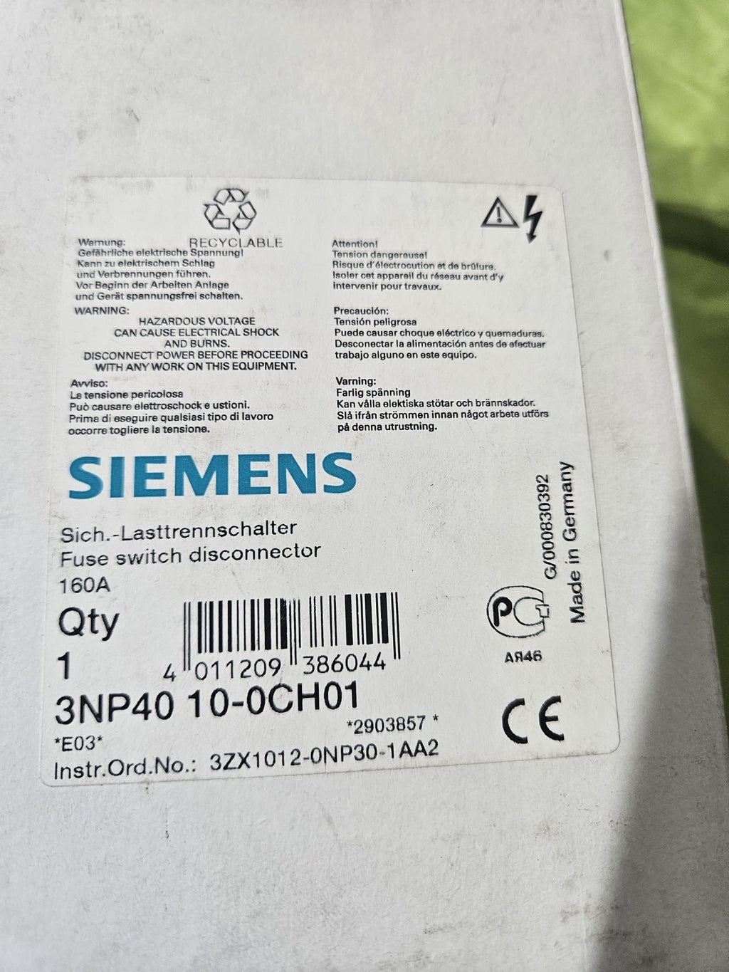 1 x Siemens Sicherungs-Lasttrennschalter 3NP40 10-0CH01 Neu/Ovp New Old Stock