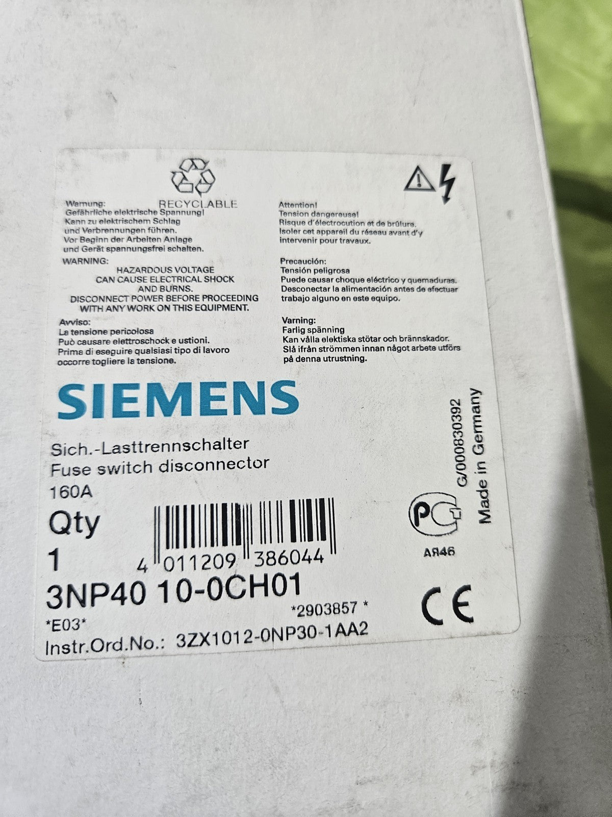 1 x Siemens Sicherungs-Lasttrennschalter 3NP40 10-0CH01 Neu/Ovp New Old Stock
