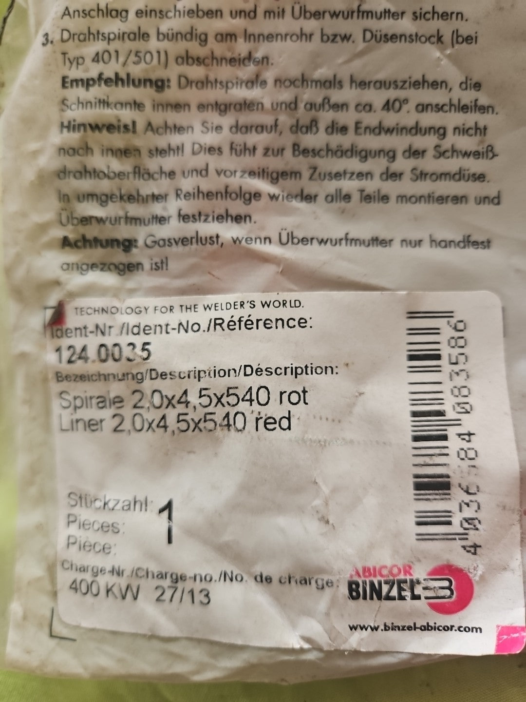 BINZEL 124.0035 Führungsspirale 2,0x4,5x540 Guide Spiral Liner Neu/ovp