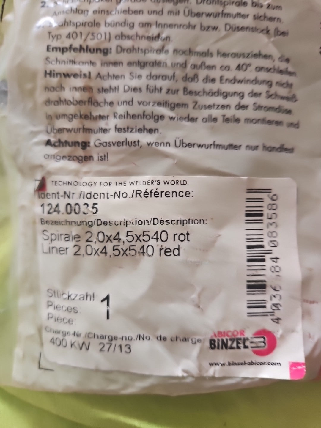 BINZEL 124.0035 Führungsspirale 2,0x4,5x540 Guide Spiral Liner Neu/ovp