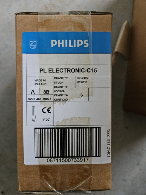 6 x Philips®  PL-Electronic PL-C 15, E27 Energiesparlampen, Neu im Karton, New