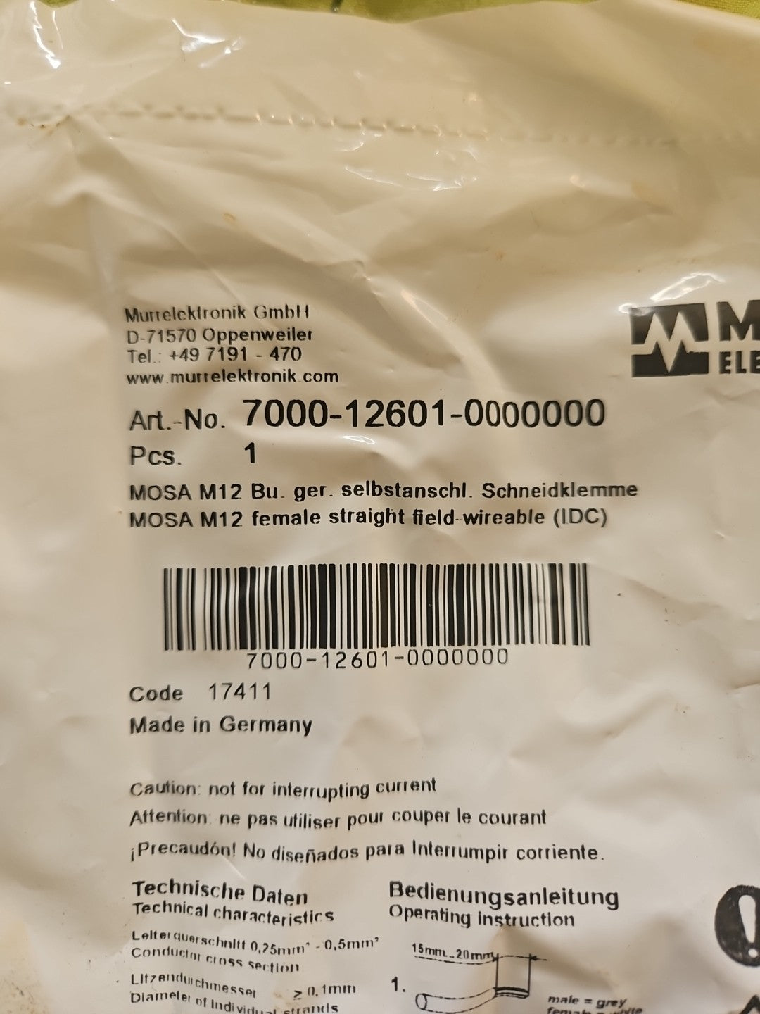 Murr 7000-12601-0000000 M12 4-Pin Field Wireable Connector Neu/ovp, New In Box