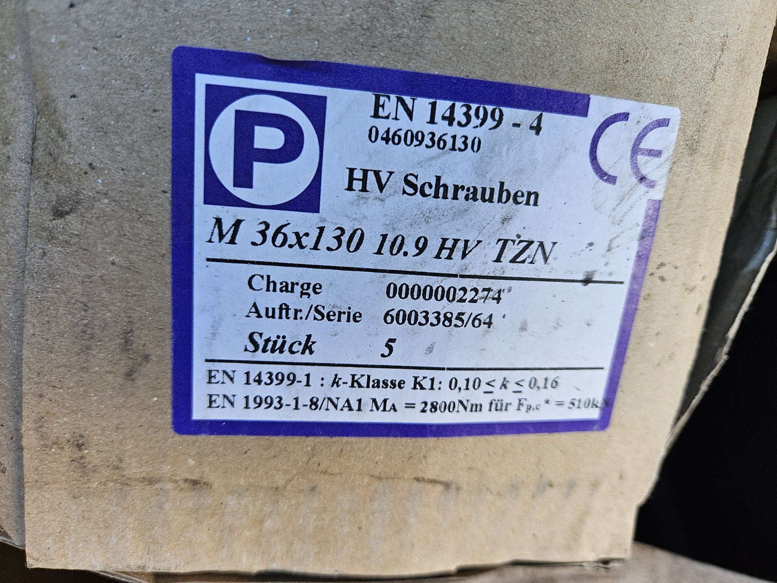 Karton mit 5x  Sechskantschraube EN 14399-4 M 36 x 130 10.9 HV feuerverzinkt,neu