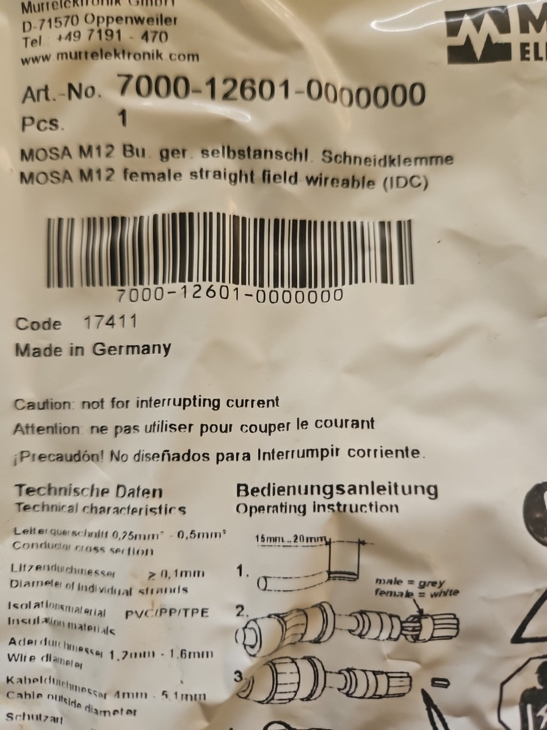 Murr 7000-12601-0000000 M12 4-Pin Field Wireable Connector Neu/ovp, New In Box